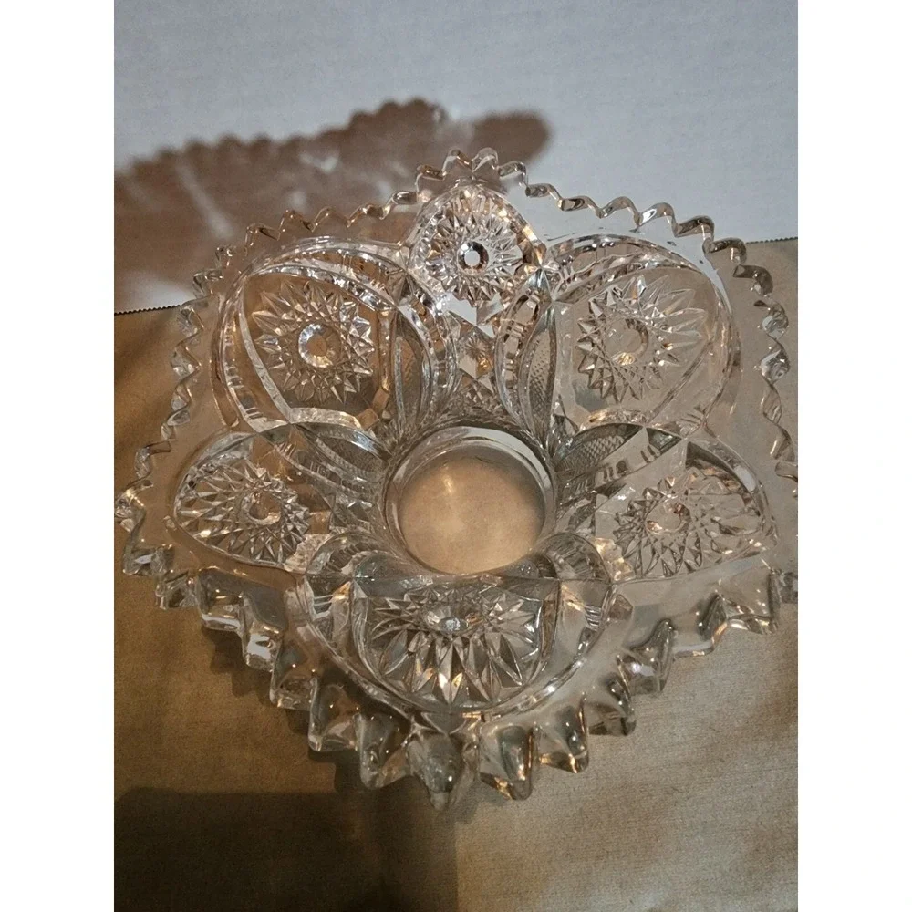 Antique‎ EAPG Clear Cut Glass Sawtooth Edge Fluted Short Vase Candle Holder Bowl